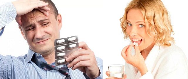 Мужчина и женщина пьют таблетки